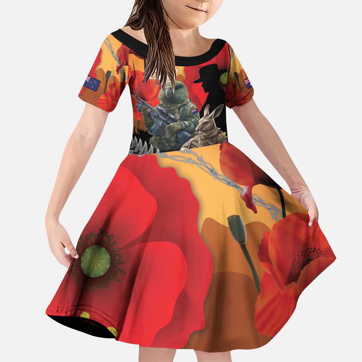 New Zealand and Australia ANZAC Day Kid Short Sleeve Dress Sliver Fern Kakapo With Golden Wattle Kangaroo LT14 KID Gold - Polynesian Pride