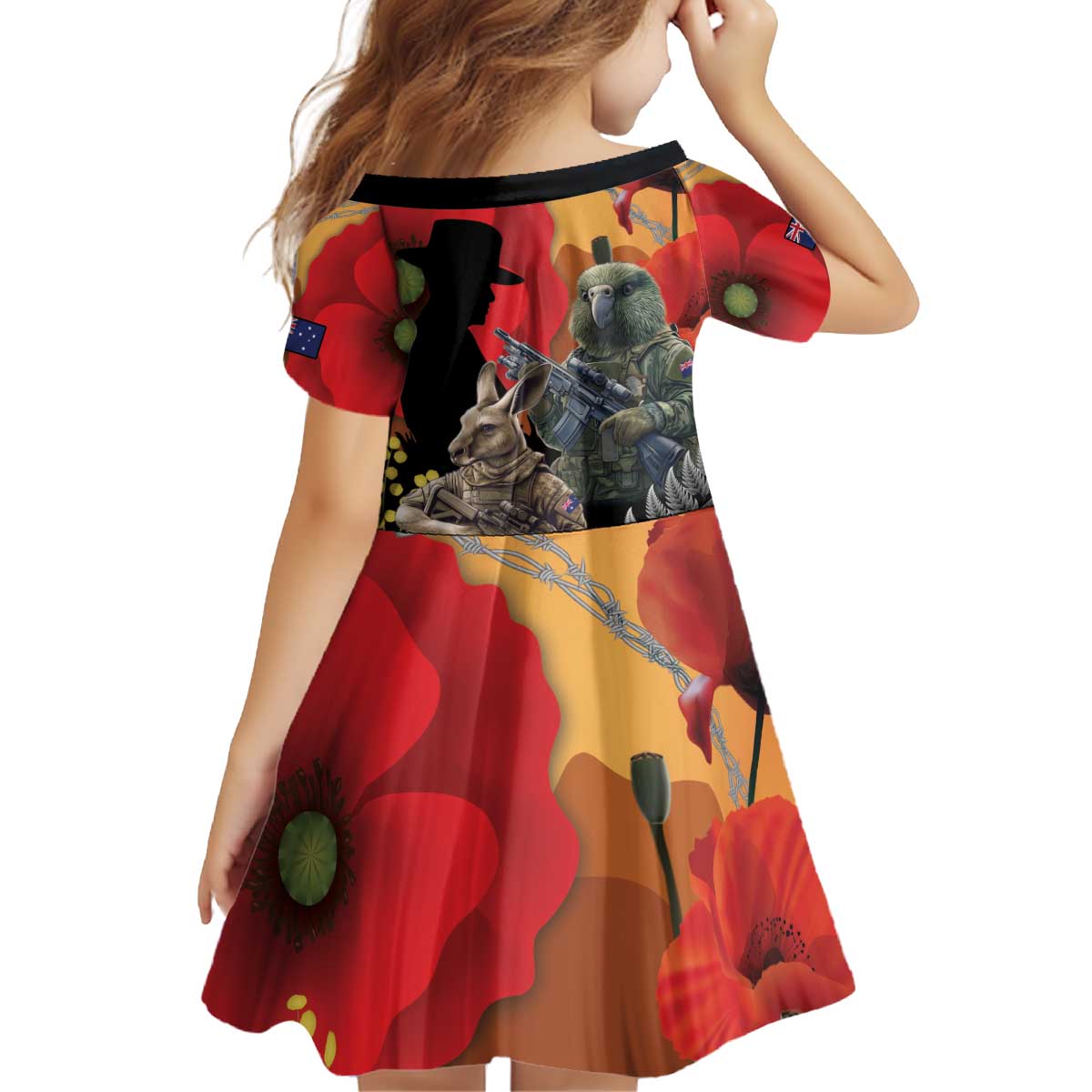 New Zealand and Australia ANZAC Day Kid Short Sleeve Dress Sliver Fern Kakapo With Golden Wattle Kangaroo LT14 - Polynesian Pride