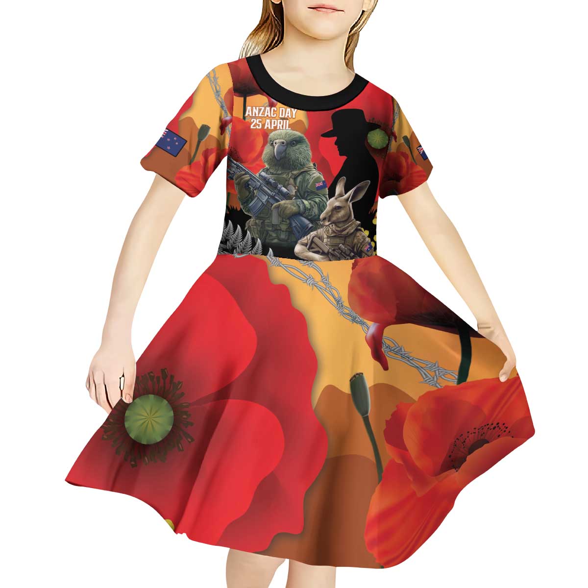 New Zealand and Australia ANZAC Day Kid Short Sleeve Dress Sliver Fern Kakapo With Golden Wattle Kangaroo LT14 - Polynesian Pride
