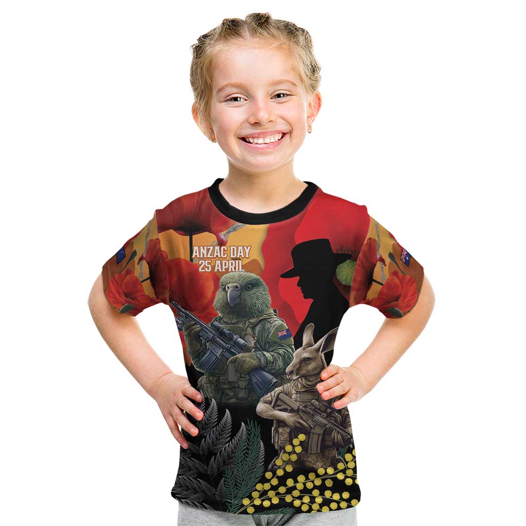 New Zealand and Australia ANZAC Day Kid T Shirt Sliver Fern Kakapo With Golden Wattle Kangaroo LT14 Gold - Polynesian Pride