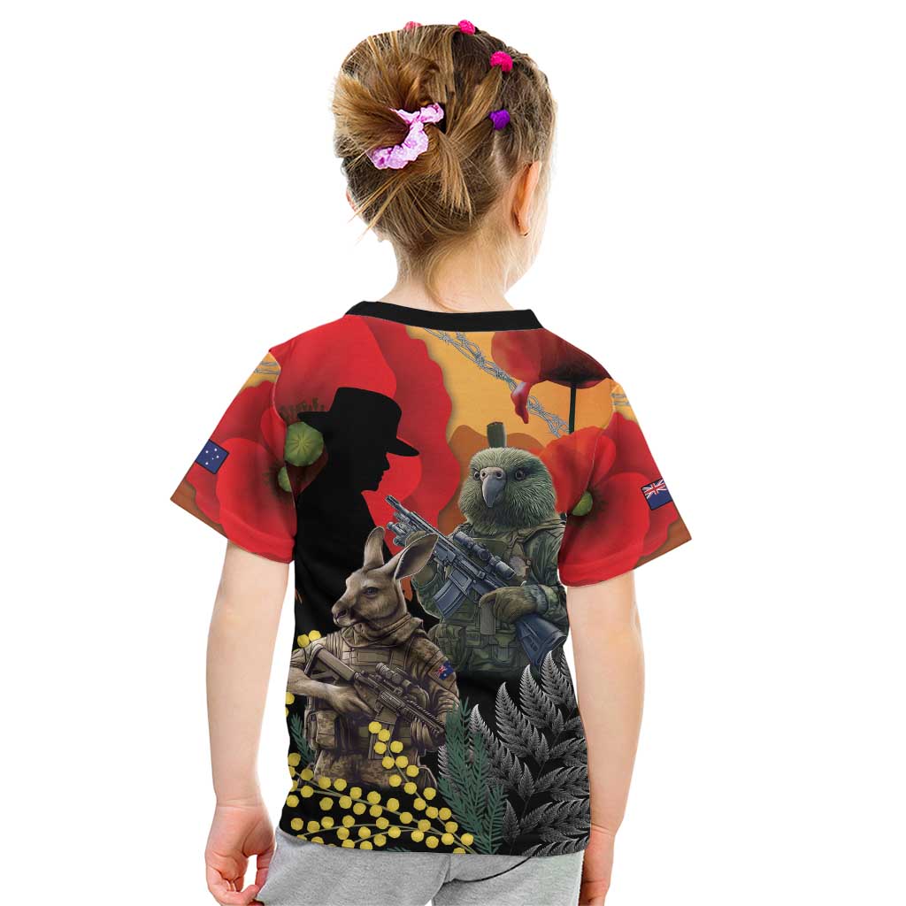 New Zealand and Australia ANZAC Day Kid T Shirt Sliver Fern Kakapo With Golden Wattle Kangaroo LT14 - Polynesian Pride