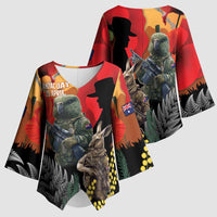 New Zealand and Australia ANZAC Day Kimono Sleeve Blouse Sliver Fern Kakapo With Golden Wattle Kangaroo LT14 - Polynesian Pride