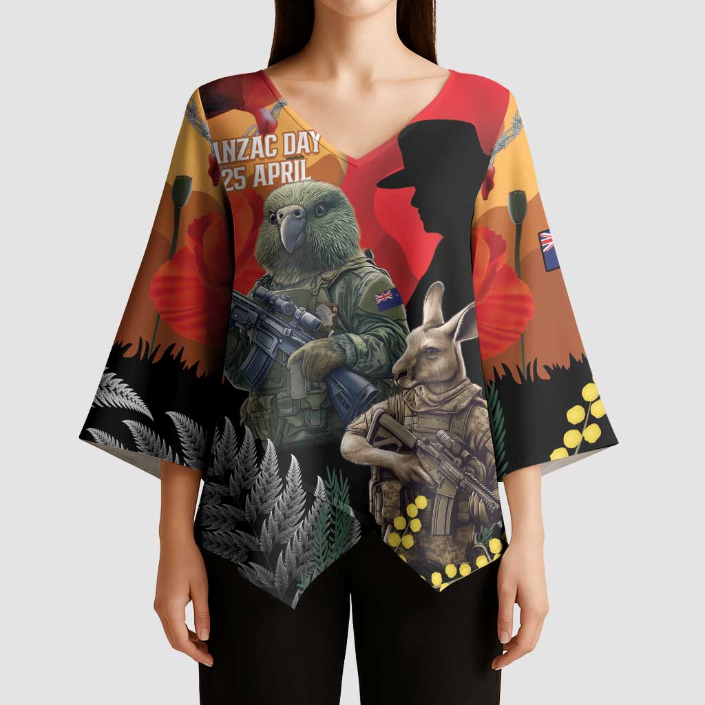 New Zealand and Australia ANZAC Day Kimono Sleeve Blouse Sliver Fern Kakapo With Golden Wattle Kangaroo LT14 - Polynesian Pride