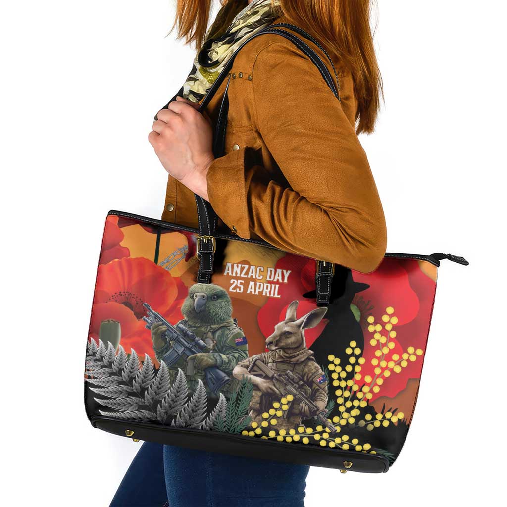 New Zealand and Australia ANZAC Day Leather Tote Bag Sliver Fern Kakapo With Golden Wattle Kangaroo LT14 Gold - Polynesian Pride