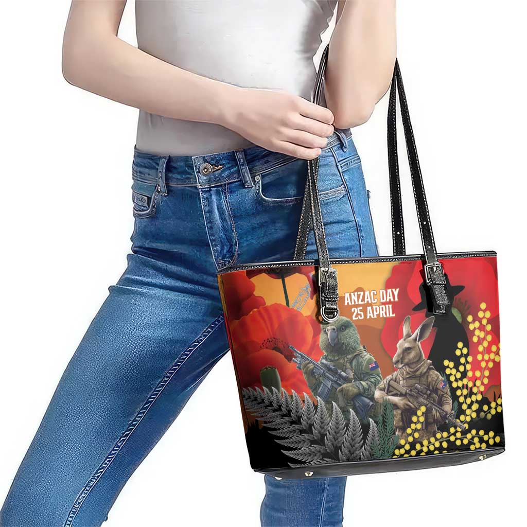 New Zealand and Australia ANZAC Day Leather Tote Bag Sliver Fern Kakapo With Golden Wattle Kangaroo LT14 - Polynesian Pride