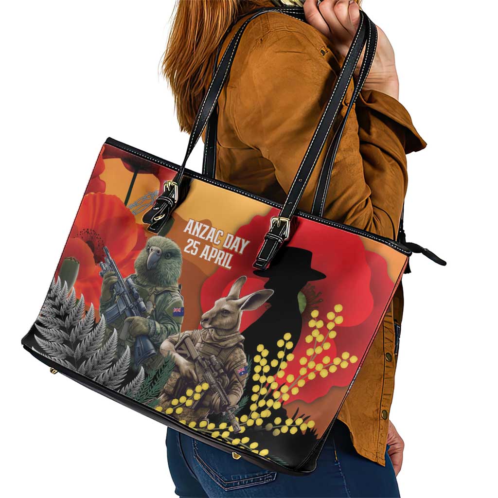 New Zealand and Australia ANZAC Day Leather Tote Bag Sliver Fern Kakapo With Golden Wattle Kangaroo LT14 - Polynesian Pride