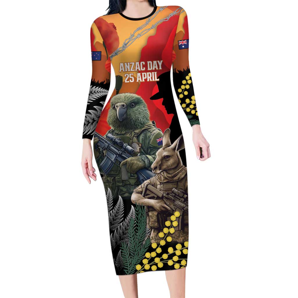 New Zealand and Australia ANZAC Day Long Sleeve Bodycon Dress Sliver Fern Kakapo With Golden Wattle Kangaroo LT14 Long Dress Gold - Polynesian Pride