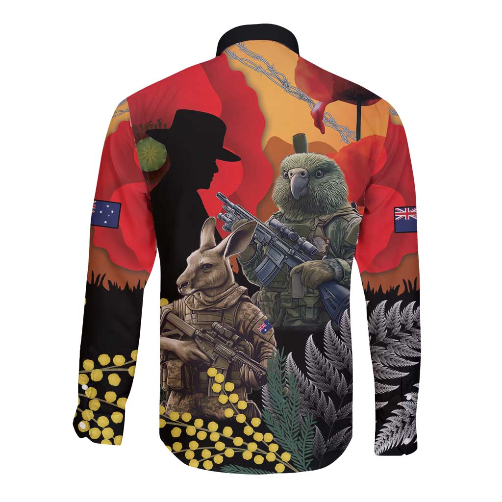 New Zealand and Australia ANZAC Day Long Sleeve Button Shirt Sliver Fern Kakapo With Golden Wattle Kangaroo LT14 - Polynesian Pride