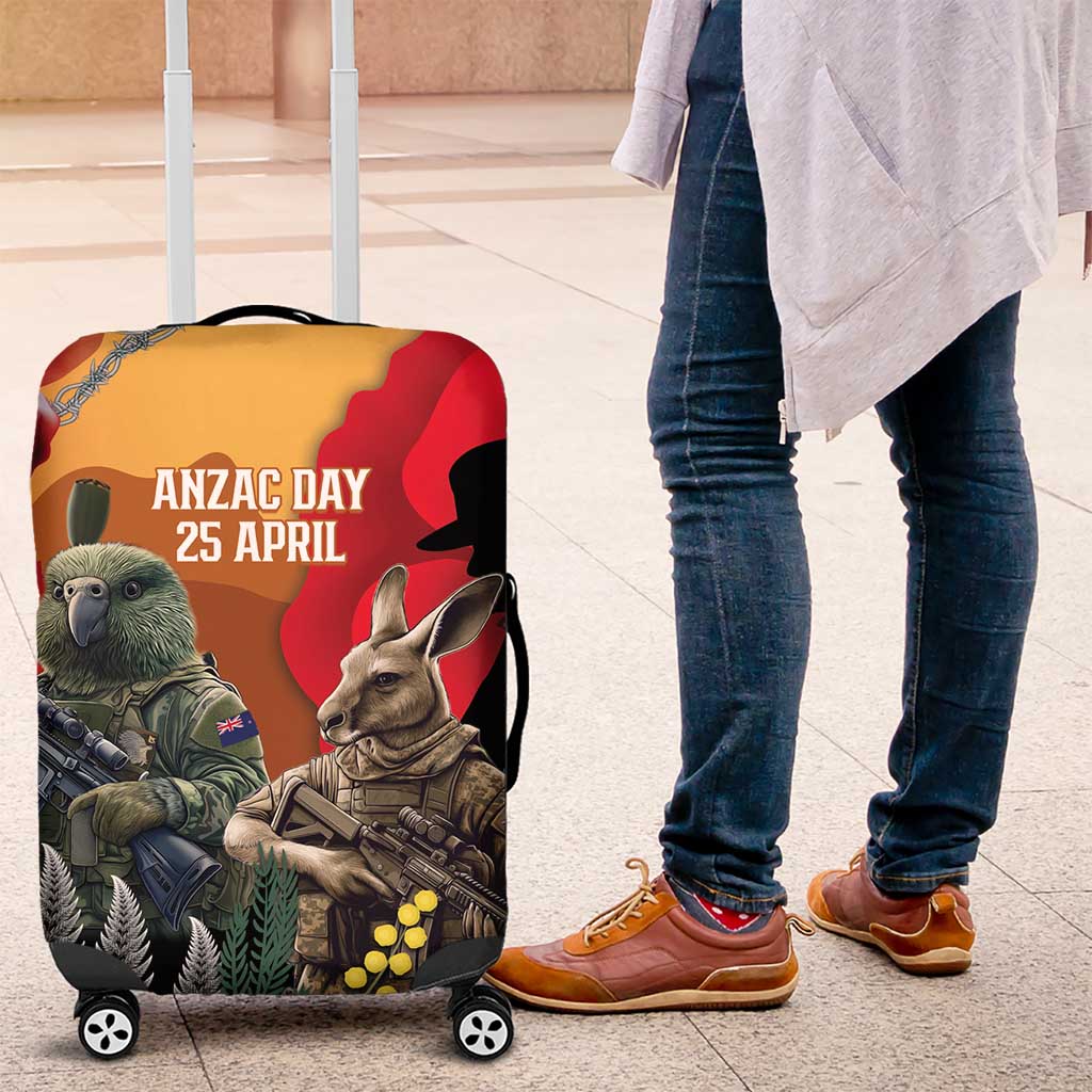 New Zealand and Australia ANZAC Day Luggage Cover Sliver Fern Kakapo With Golden Wattle Kangaroo LT14 Gold - Polynesian Pride