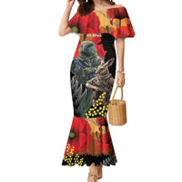 New Zealand and Australia ANZAC Day Mermaid Dress Sliver Fern Kakapo With Golden Wattle Kangaroo LT14 Women Gold - Polynesian Pride