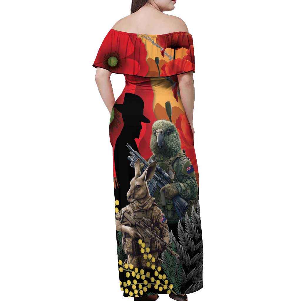 New Zealand and Australia ANZAC Day Off Shoulder Maxi Dress Sliver Fern Kakapo With Golden Wattle Kangaroo LT14 - Polynesian Pride