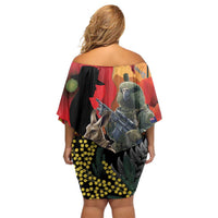 New Zealand and Australia ANZAC Day Off Shoulder Short Dress Sliver Fern Kakapo With Golden Wattle Kangaroo LT14 - Polynesian Pride