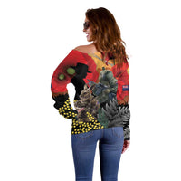 New Zealand and Australia ANZAC Day Off Shoulder Sweater Sliver Fern Kakapo With Golden Wattle Kangaroo LT14 - Polynesian Pride