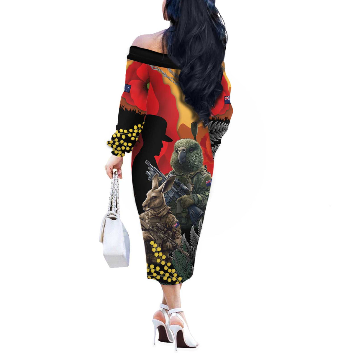 New Zealand and Australia ANZAC Day Off The Shoulder Long Sleeve Dress Sliver Fern Kakapo With Golden Wattle Kangaroo LT14 - Polynesian Pride