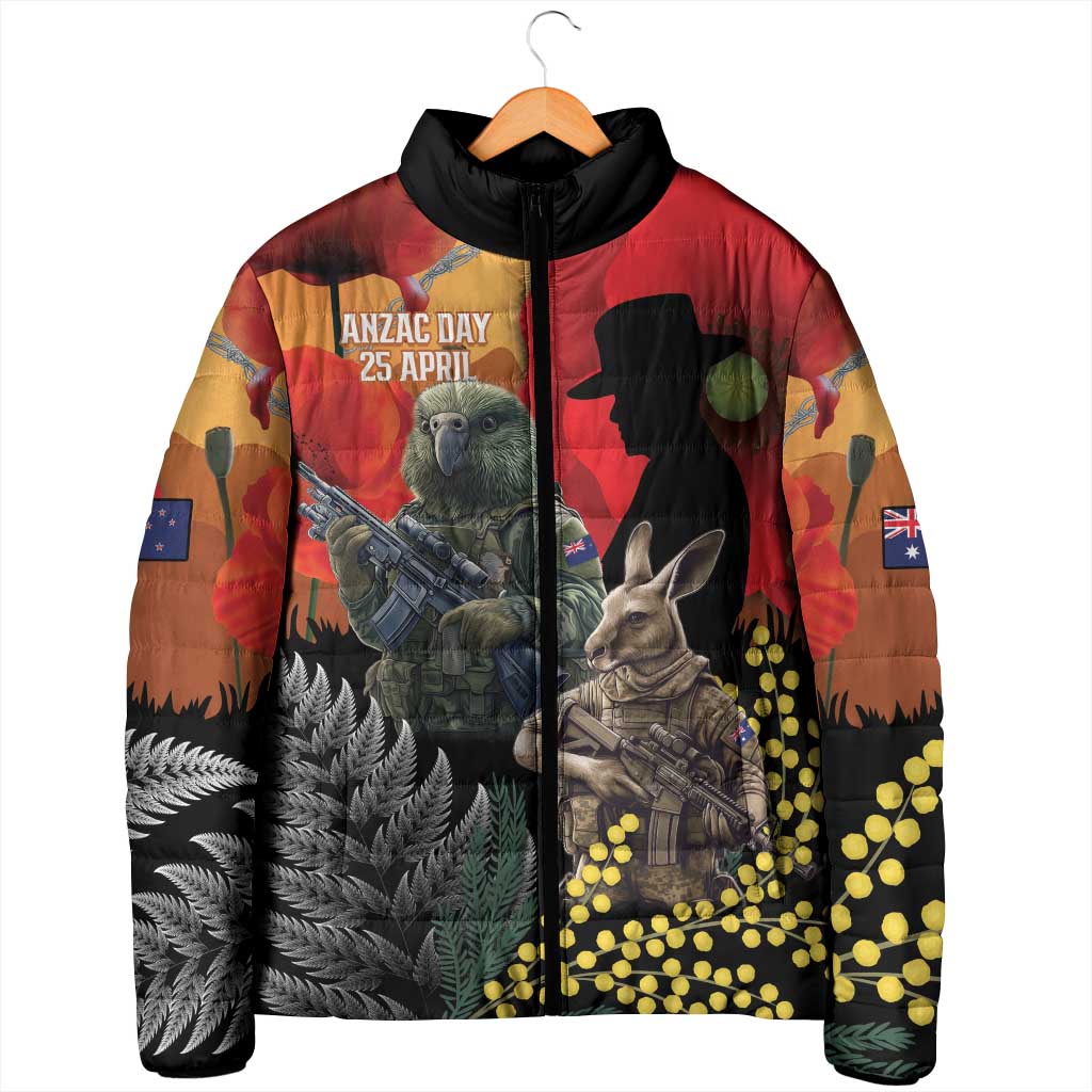 New Zealand and Australia ANZAC Day Padded Jacket Sliver Fern Kakapo With Golden Wattle Kangaroo LT14 - Polynesian Pride