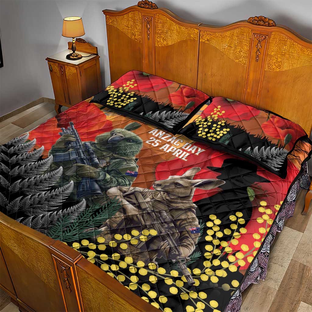 New Zealand and Australia ANZAC Day Quilt Bed Set Sliver Fern Kakapo With Golden Wattle Kangaroo LT14 - Polynesian Pride