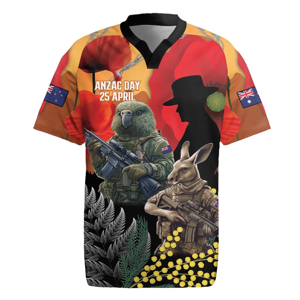New Zealand and Australia ANZAC Day Rugby Jersey Sliver Fern Kakapo With Golden Wattle Kangaroo LT14 Gold - Polynesian Pride