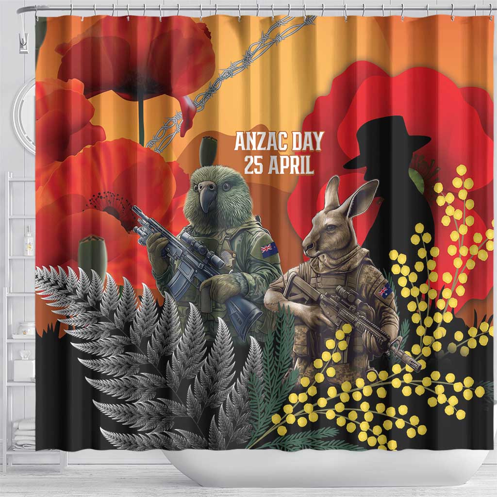 New Zealand and Australia ANZAC Day Shower Curtain Sliver Fern Kakapo With Golden Wattle Kangaroo LT14 - Polynesian Pride