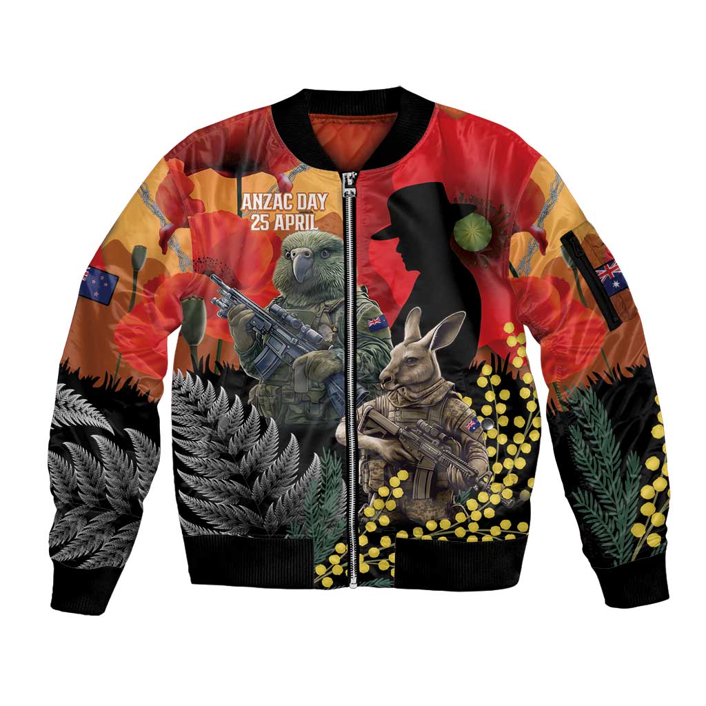 New Zealand and Australia ANZAC Day Sleeve Zip Bomber Jacket Sliver Fern Kakapo With Golden Wattle Kangaroo LT14 Unisex Gold - Polynesian Pride
