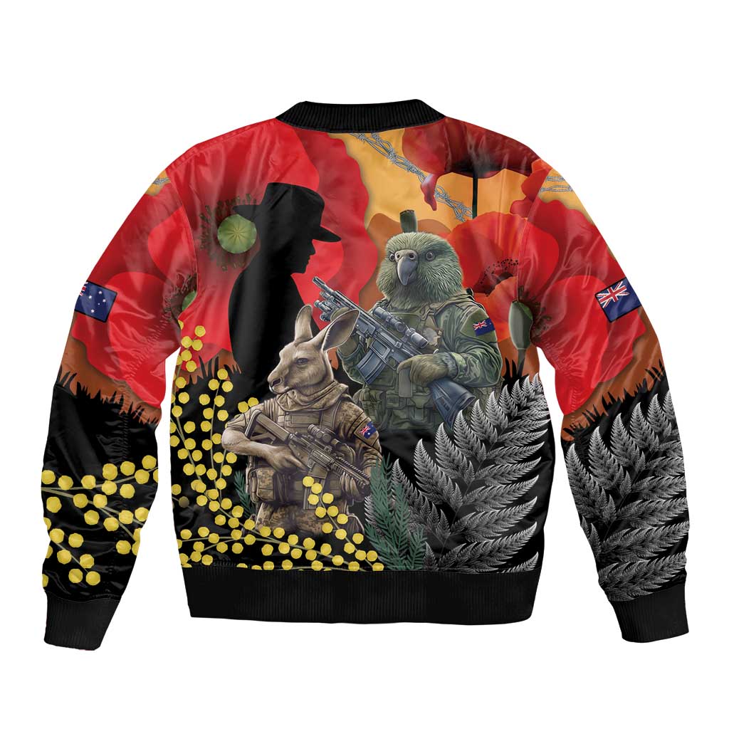 New Zealand and Australia ANZAC Day Sleeve Zip Bomber Jacket Sliver Fern Kakapo With Golden Wattle Kangaroo LT14 - Polynesian Pride