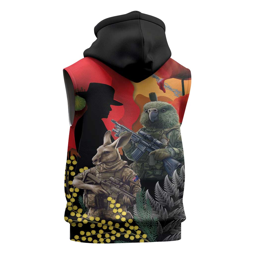 New Zealand and Australia ANZAC Day Sleeveless Hoodie Sliver Fern Kakapo With Golden Wattle Kangaroo LT14 - Polynesian Pride