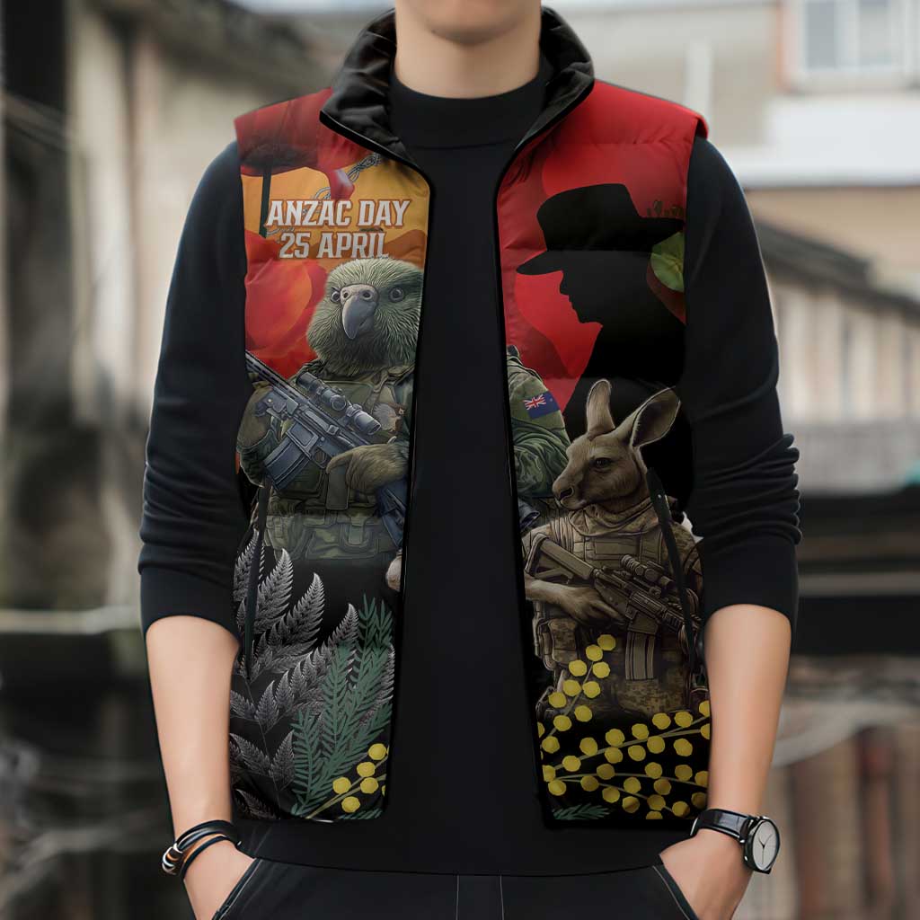 New Zealand and Australia ANZAC Day Sleeveless Puffer Jacket Sliver Fern Kakapo With Golden Wattle Kangaroo LT14 - Polynesian Pride
