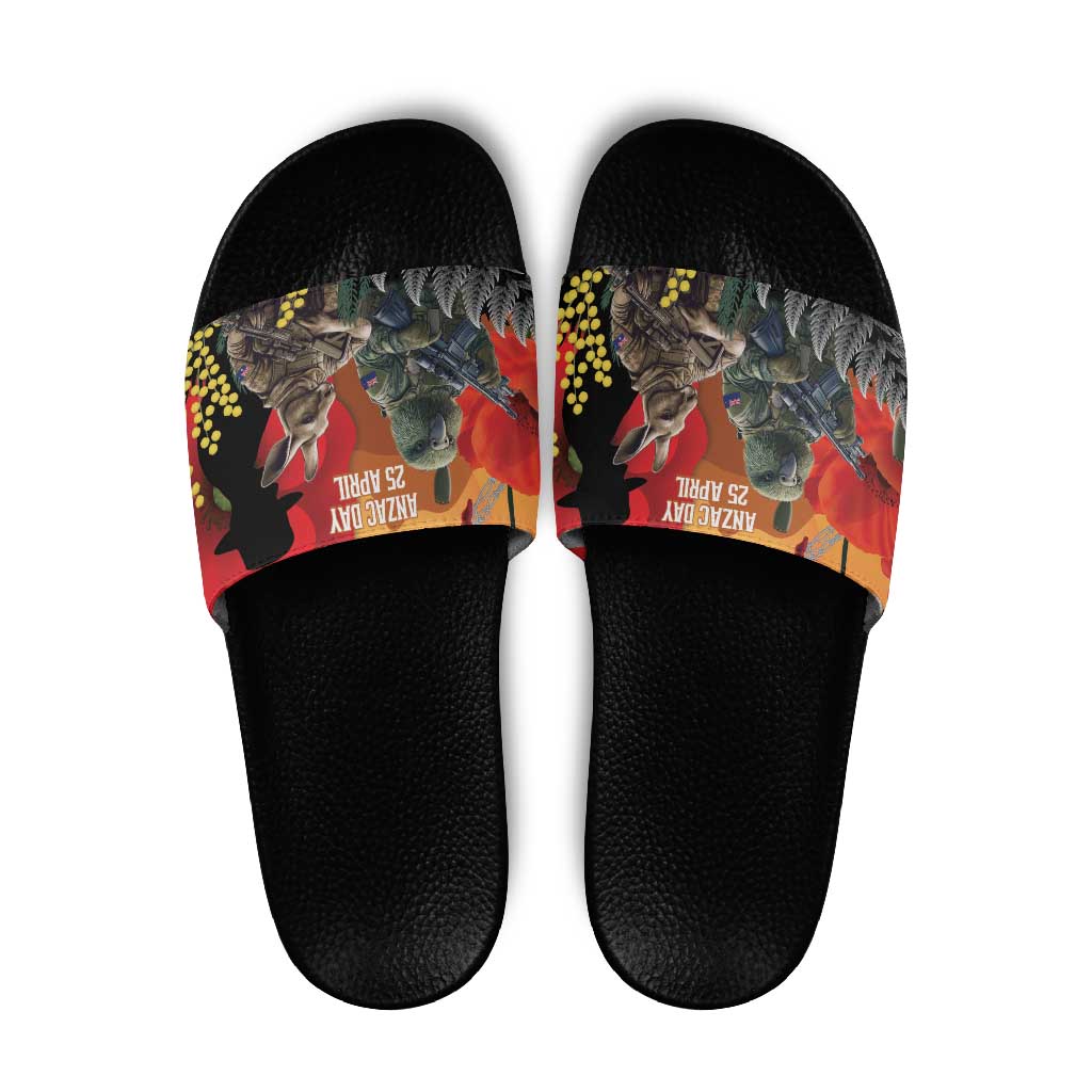 New Zealand and Australia ANZAC Day Slide Sandals Sliver Fern Kakapo With Golden Wattle Kangaroo LT14 Gold - Polynesian Pride
