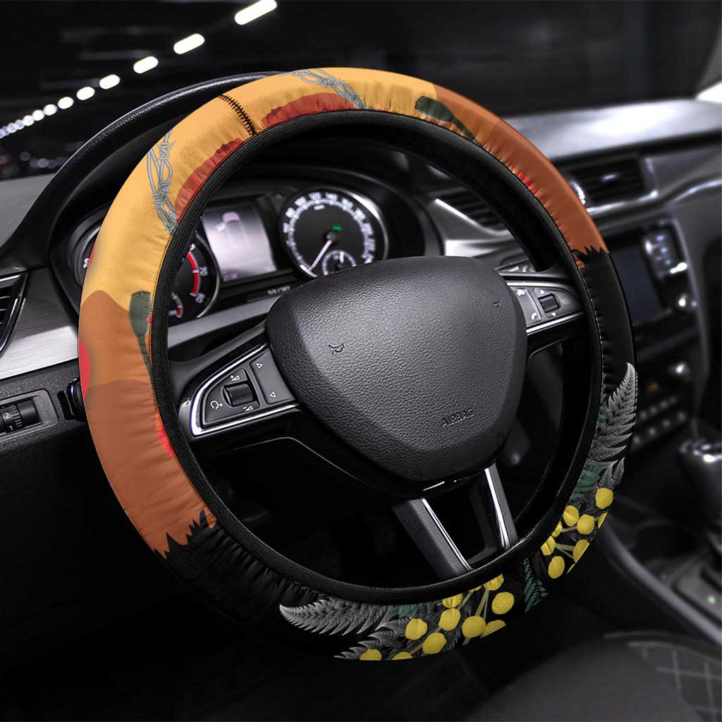 New Zealand and Australia ANZAC Day Steering Wheel Cover Sliver Fern Kakapo With Golden Wattle Kangaroo LT14 Universal Fit Gold - Polynesian Pride