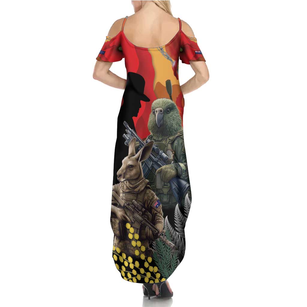 New Zealand and Australia ANZAC Day Summer Maxi Dress Sliver Fern Kakapo With Golden Wattle Kangaroo LT14 - Polynesian Pride
