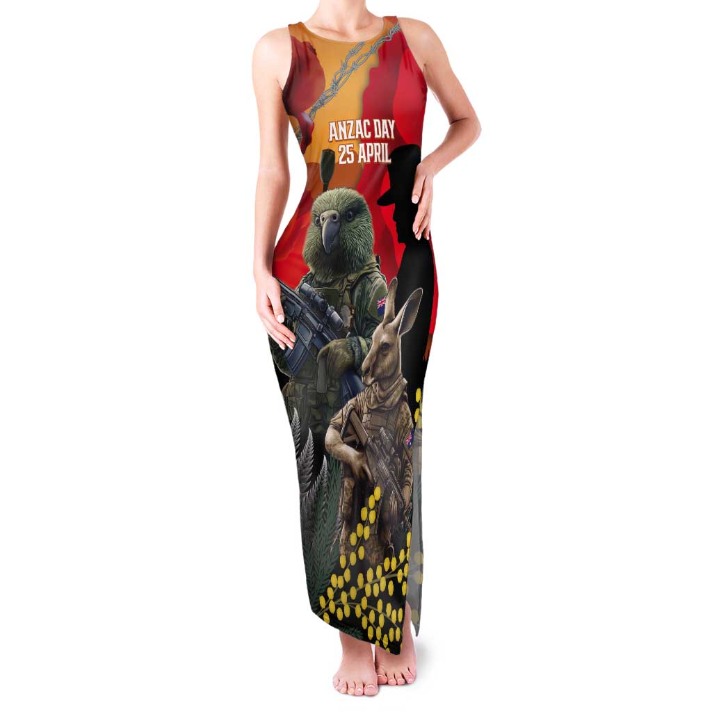 New Zealand and Australia ANZAC Day Tank Maxi Dress Sliver Fern Kakapo With Golden Wattle Kangaroo LT14 Women Gold - Polynesian Pride