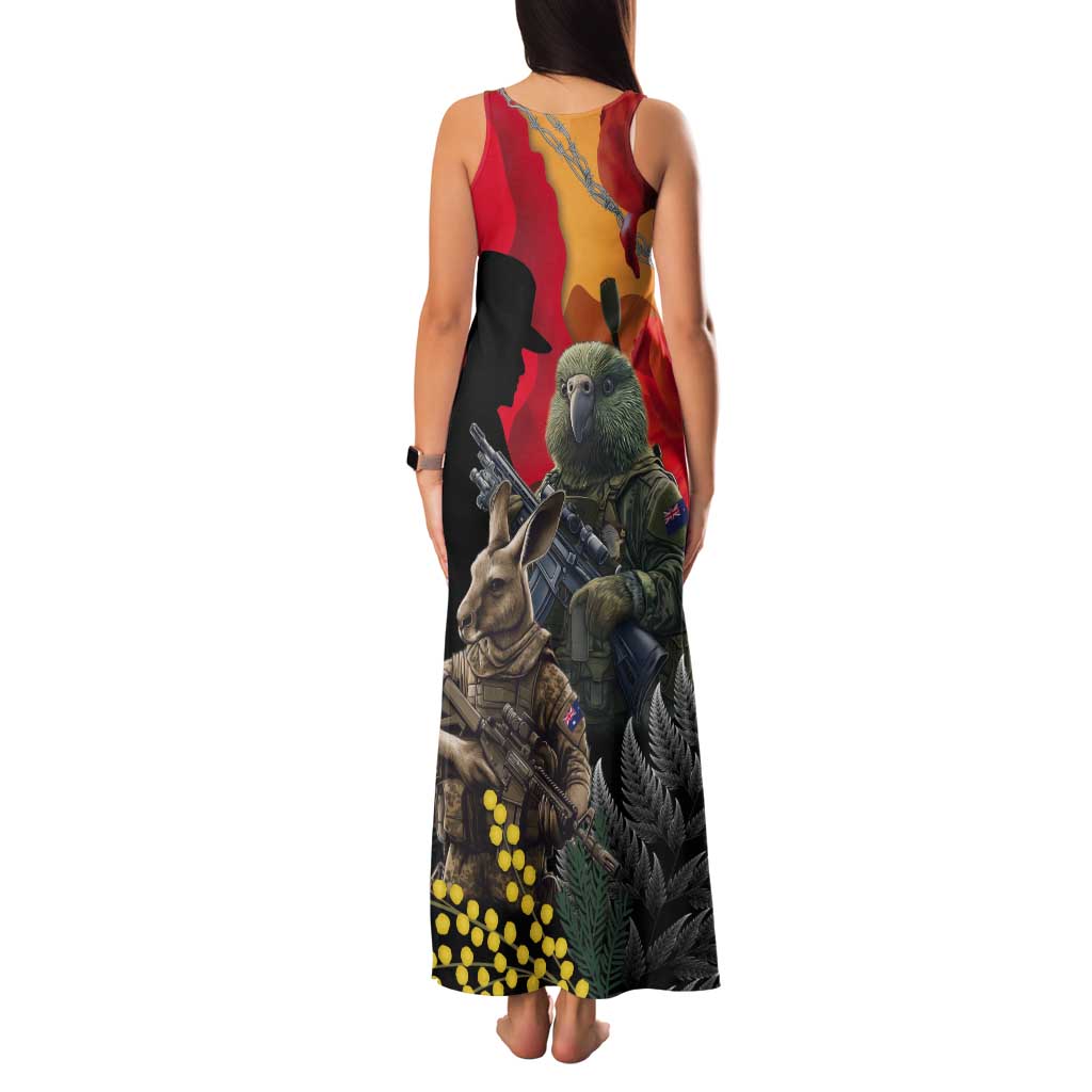 New Zealand and Australia ANZAC Day Tank Maxi Dress Sliver Fern Kakapo With Golden Wattle Kangaroo LT14 - Polynesian Pride