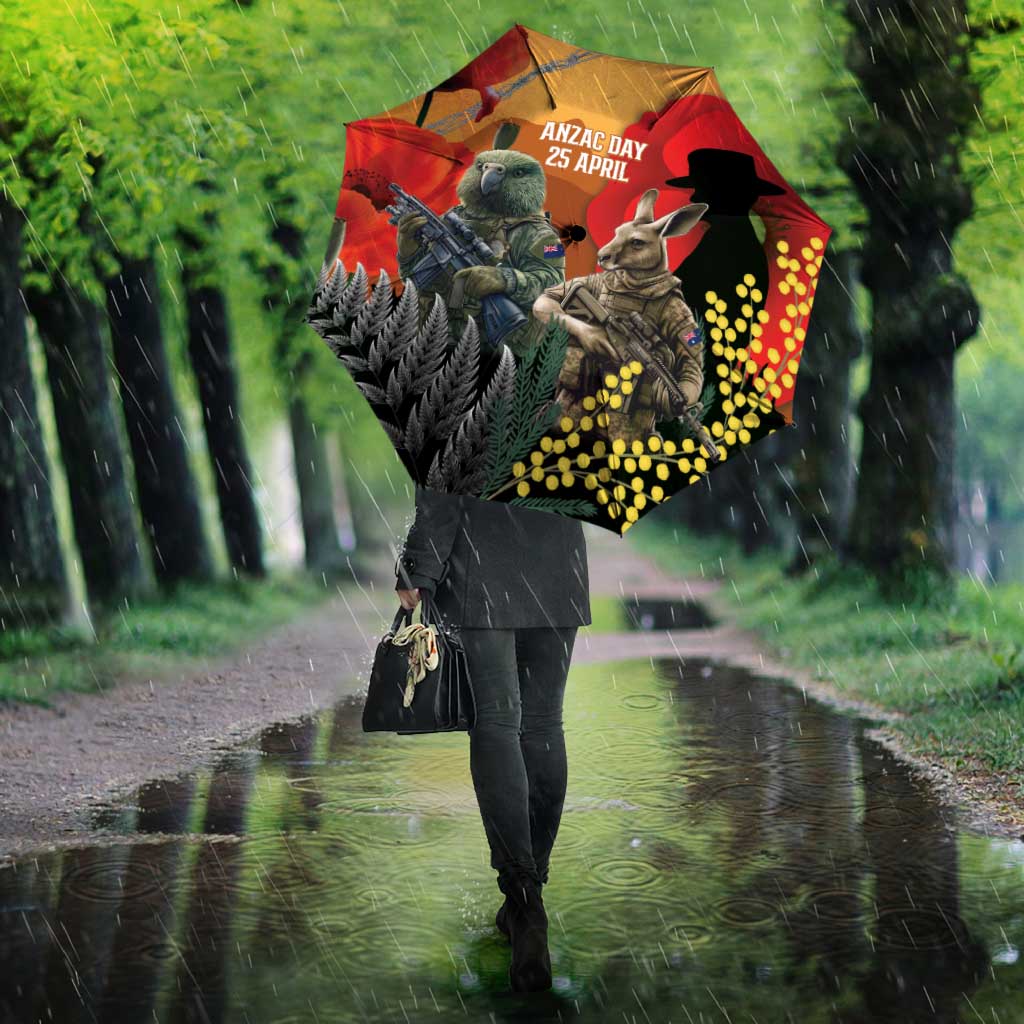 New Zealand and Australia ANZAC Day Umbrella Sliver Fern Kakapo With Golden Wattle Kangaroo LT14 - Polynesian Pride