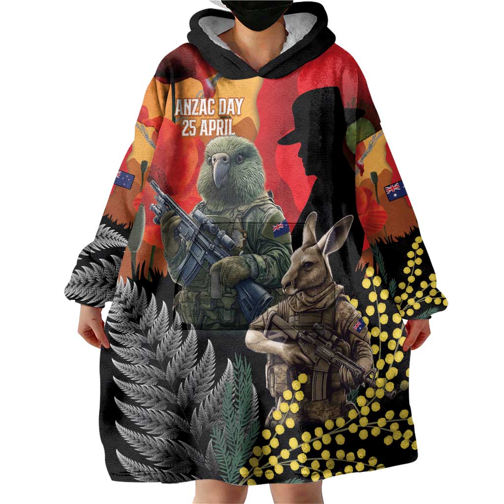 New Zealand and Australia ANZAC Day Wearable Blanket Hoodie Sliver Fern Kakapo With Golden Wattle Kangaroo LT14 - Polynesian Pride