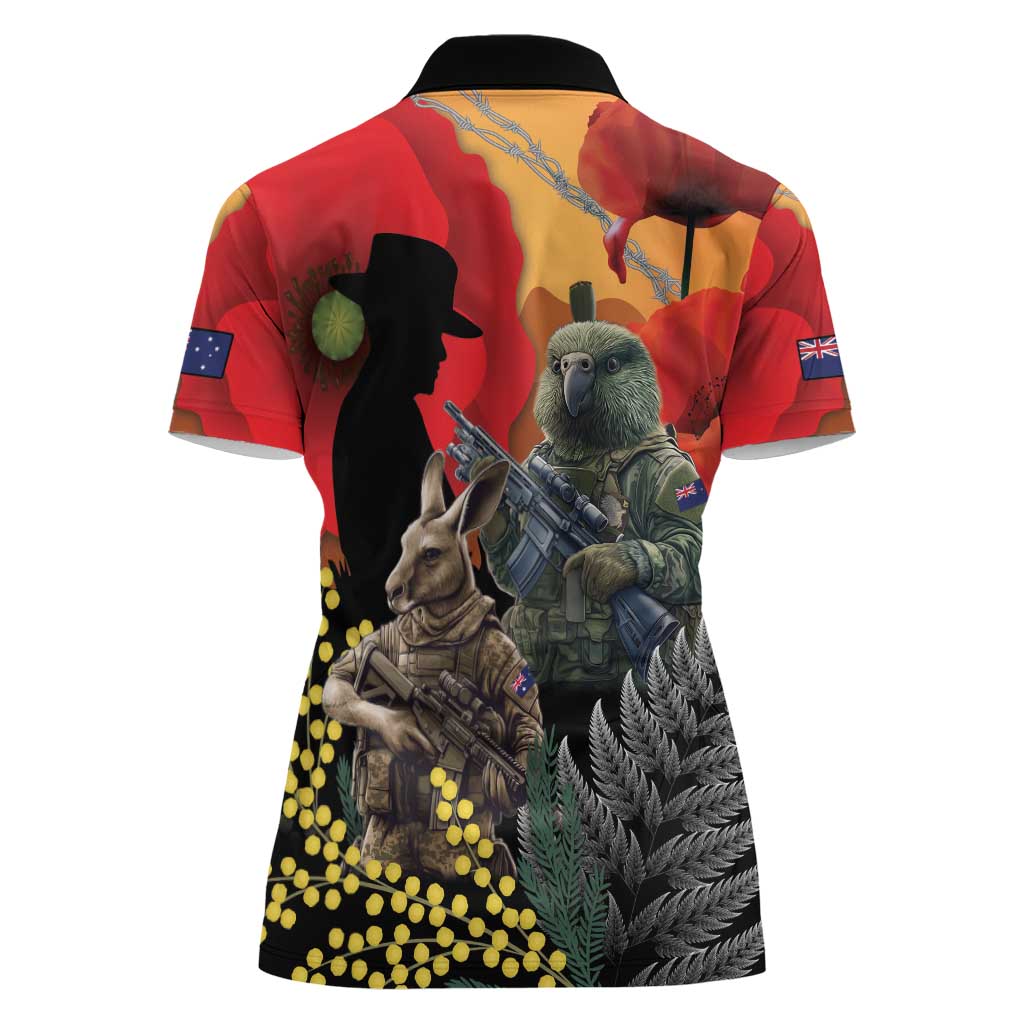 New Zealand and Australia ANZAC Day Women Polo Shirt Sliver Fern Kakapo With Golden Wattle Kangaroo LT14 - Polynesian Pride