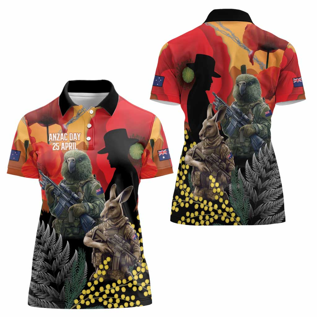 New Zealand and Australia ANZAC Day Women Polo Shirt Sliver Fern Kakapo With Golden Wattle Kangaroo LT14 - Polynesian Pride
