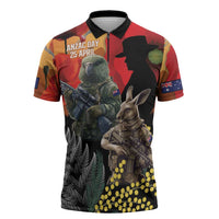 New Zealand and Australia ANZAC Day Zipper Polo Shirt Sliver Fern Kakapo With Golden Wattle Kangaroo LT14 Gold - Polynesian Pride