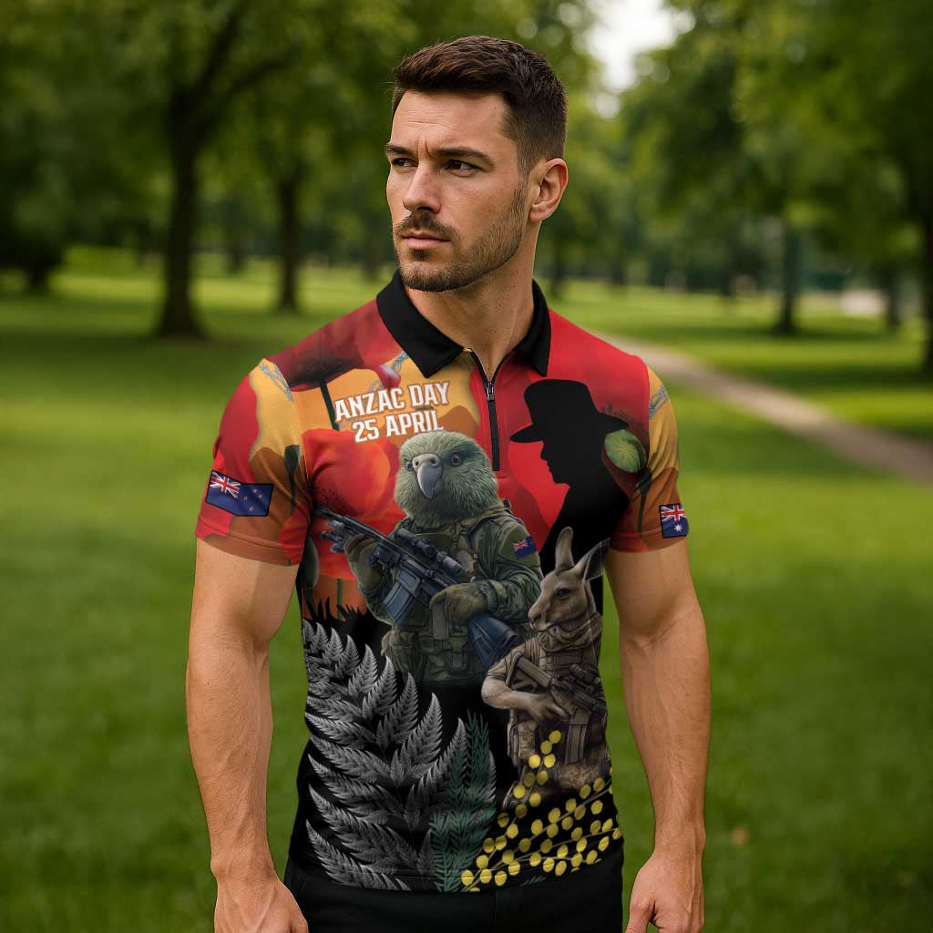 New Zealand and Australia ANZAC Day Zipper Polo Shirt Sliver Fern Kakapo With Golden Wattle Kangaroo LT14 - Polynesian Pride