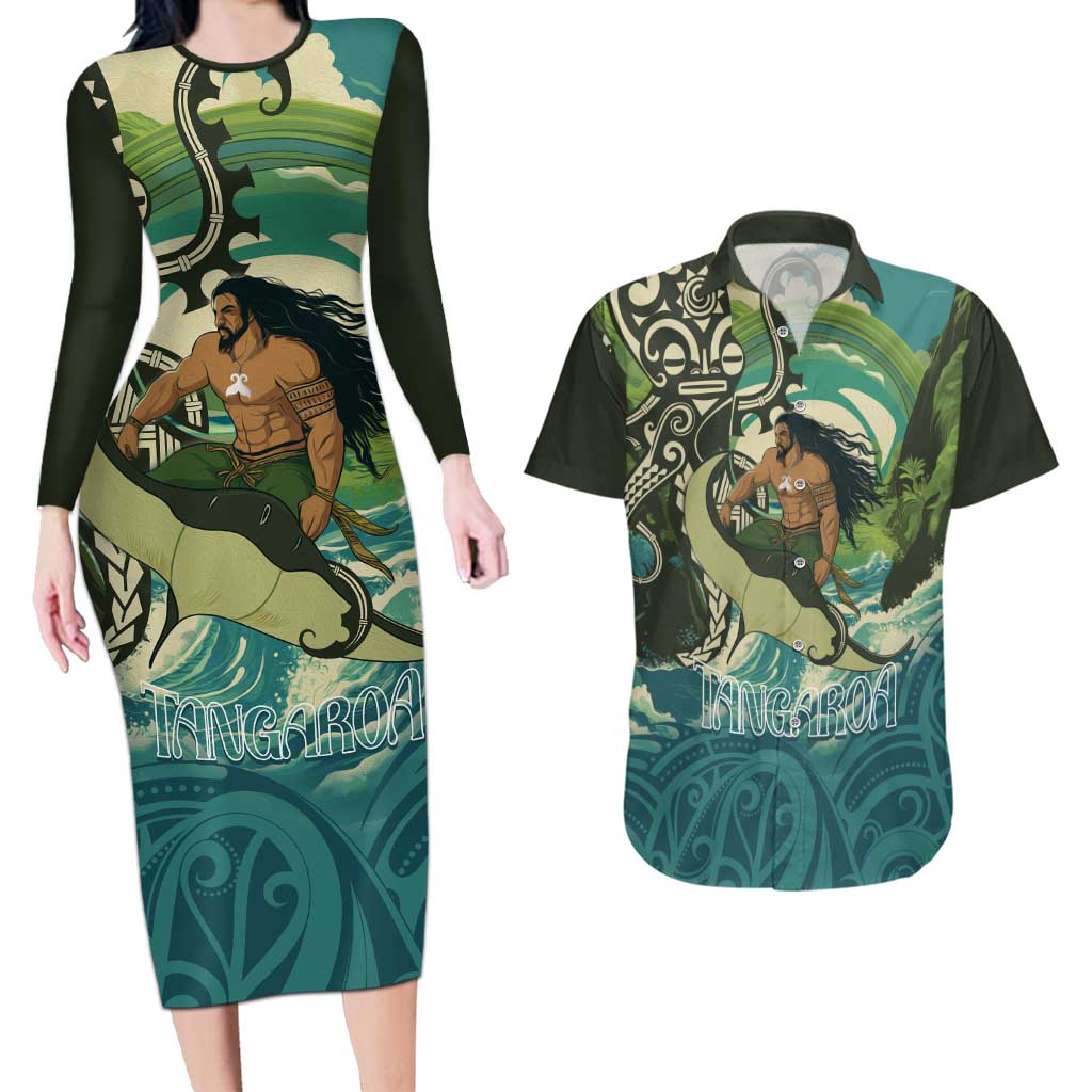 Aotearoa Tangaroa Atua Couples Matching Long Sleeve Bodycon Dress and Hawaiian Shirt New Zealand God Of The Ocean LT14 Cyan - Polynesian Pride