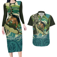 Aotearoa Tangaroa Atua Couples Matching Long Sleeve Bodycon Dress and Hawaiian Shirt New Zealand God Of The Ocean LT14 Cyan - Polynesian Pride