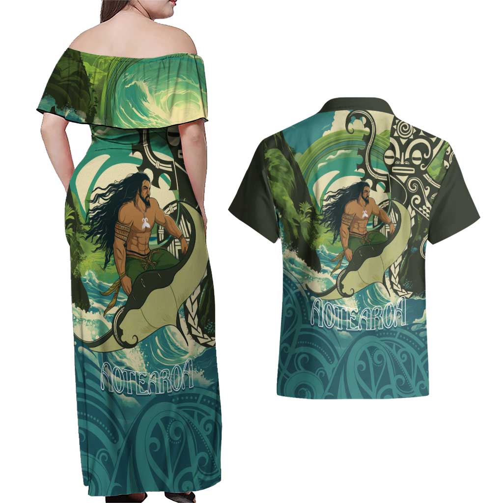 Aotearoa Tangaroa Atua Couples Matching Off Shoulder Maxi Dress and Hawaiian Shirt New Zealand God Of The Ocean LT14 - Polynesian Pride