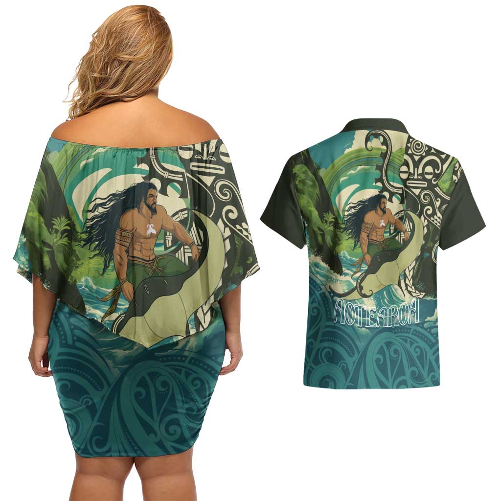 Aotearoa Tangaroa Atua Couples Matching Off Shoulder Short Dress and Hawaiian Shirt New Zealand God Of The Ocean LT14 - Polynesian Pride