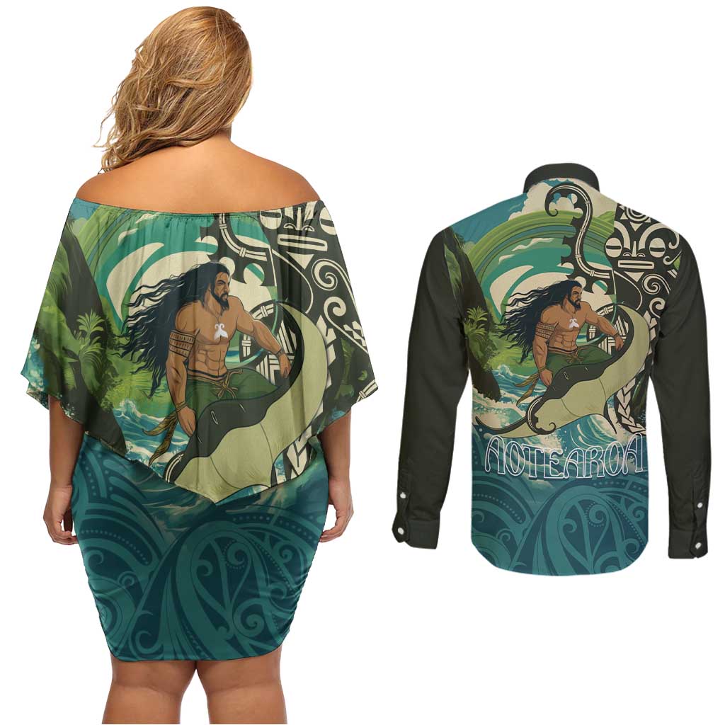 Aotearoa Tangaroa Atua Couples Matching Off Shoulder Short Dress and Long Sleeve Button Shirt New Zealand God Of The Ocean LT14 - Polynesian Pride