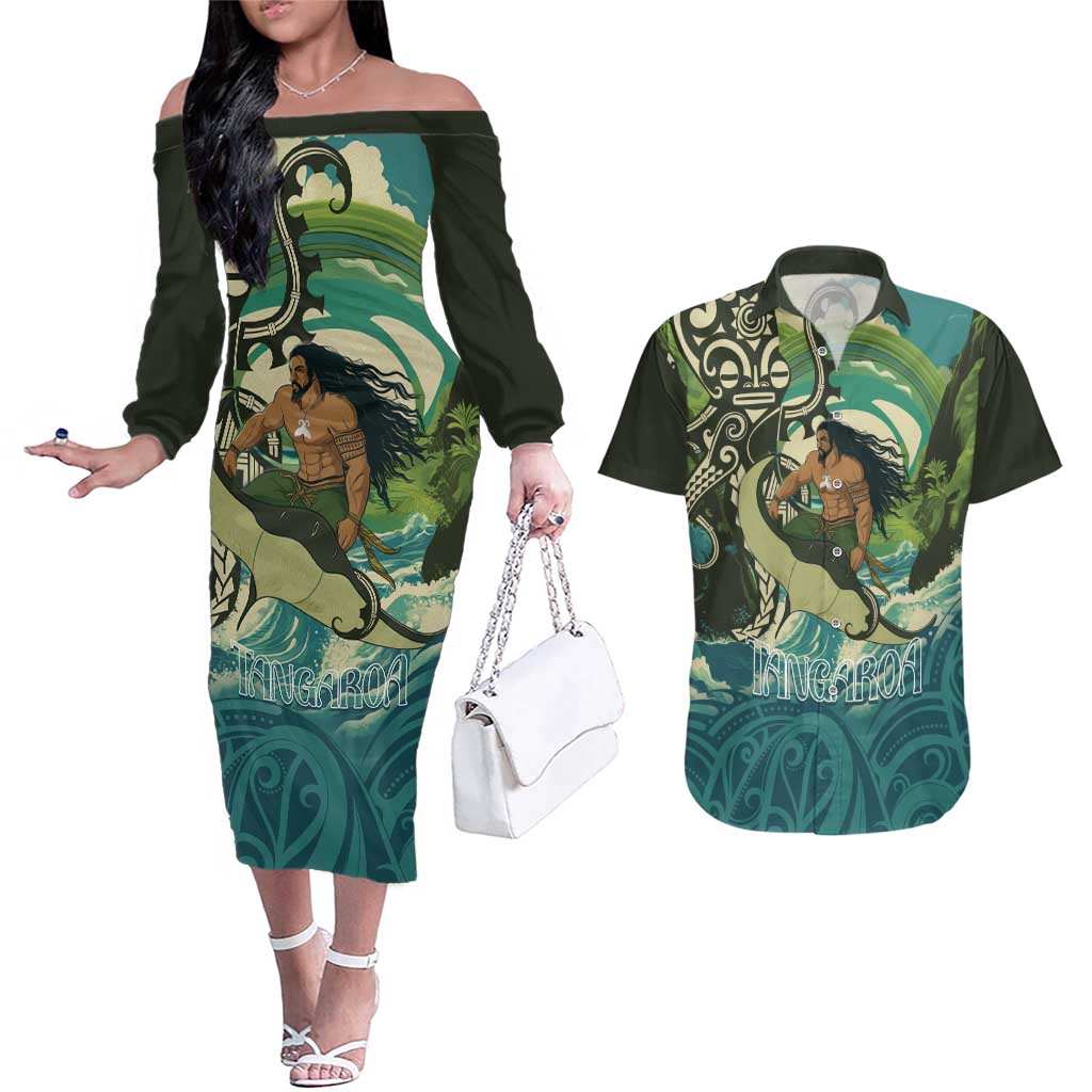 Aotearoa Tangaroa Atua Couples Matching Off The Shoulder Long Sleeve Dress and Hawaiian Shirt New Zealand God Of The Ocean LT14 Cyan - Polynesian Pride