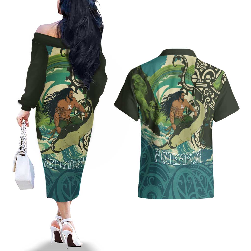 Aotearoa Tangaroa Atua Couples Matching Off The Shoulder Long Sleeve Dress and Hawaiian Shirt New Zealand God Of The Ocean LT14 - Polynesian Pride