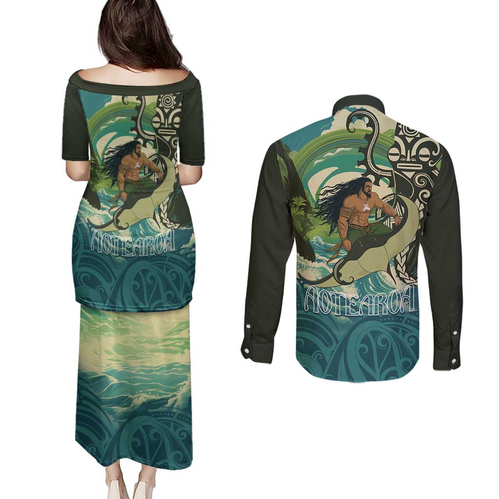 Aotearoa Tangaroa Atua Couples Matching Puletasi and Long Sleeve Button Shirt New Zealand God Of The Ocean LT14 - Polynesian Pride