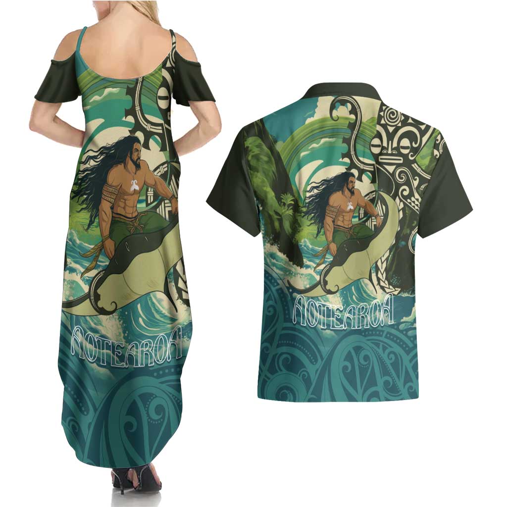 Aotearoa Tangaroa Atua Couples Matching Summer Maxi Dress and Hawaiian Shirt New Zealand God Of The Ocean LT14 - Polynesian Pride