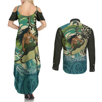 Aotearoa Tangaroa Atua Couples Matching Summer Maxi Dress and Long Sleeve Button Shirt New Zealand God Of The Ocean LT14 - Polynesian Pride