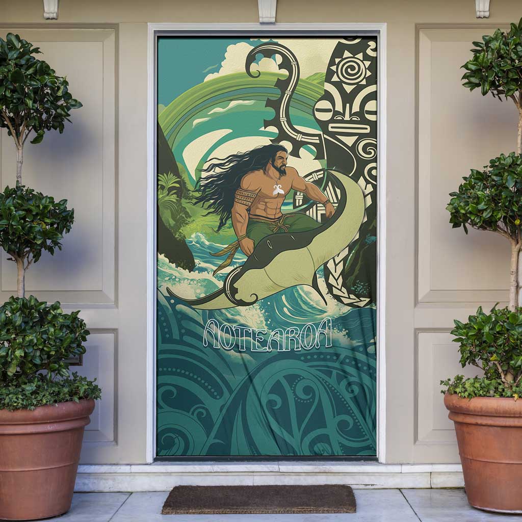 Aotearoa Tangaroa Atua Door Cover New Zealand God Of The Ocean LT14 Cyan - Polynesian Pride