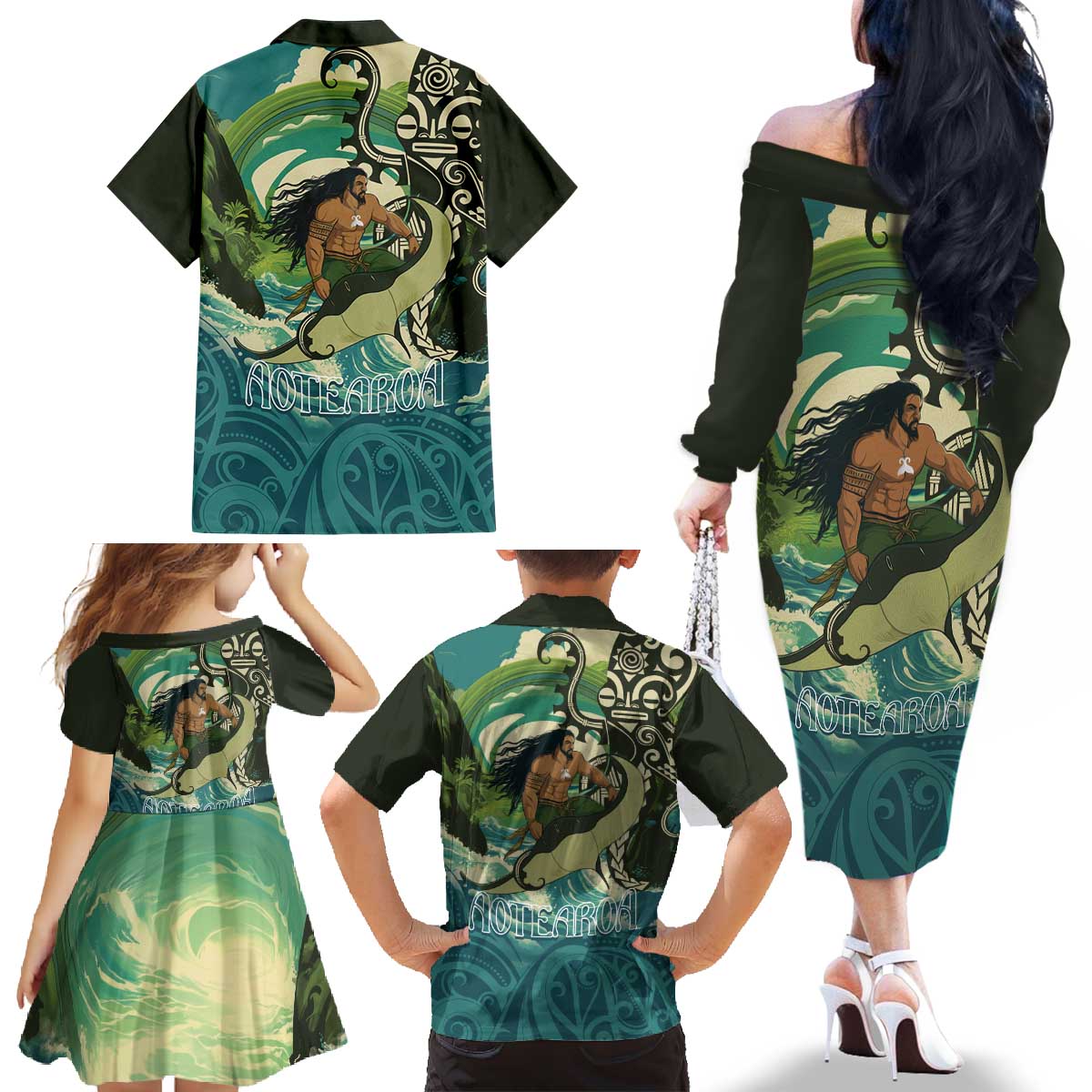 Aotearoa Tangaroa Atua Family Matching Off The Shoulder Long Sleeve Dress and Hawaiian Shirt New Zealand God Of The Ocean LT14 - Polynesian Pride