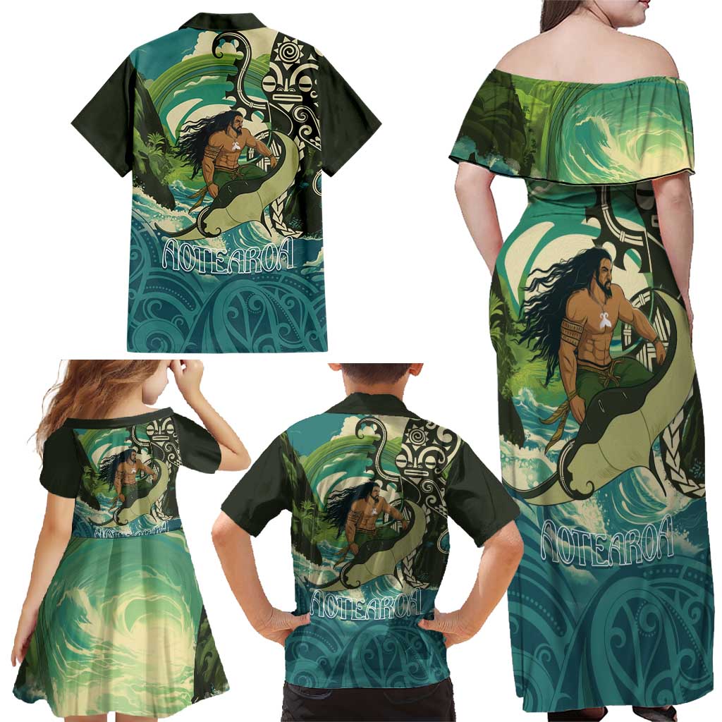 Aotearoa Tangaroa Atua Family Matching Off Shoulder Maxi Dress and Hawaiian Shirt New Zealand God Of The Ocean LT14 - Polynesian Pride
